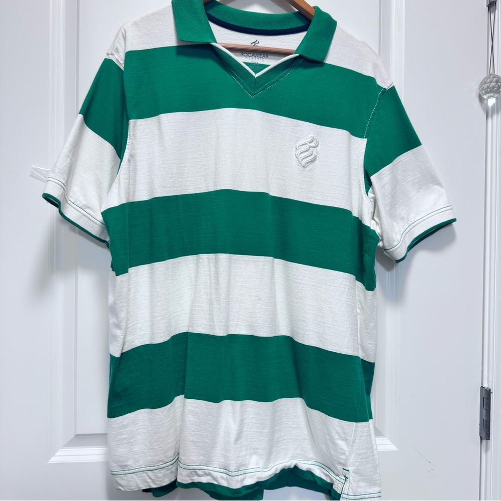 Rocawear Polo Shirt Green and White Striped Men 2XL Cotton Vintage Slimming